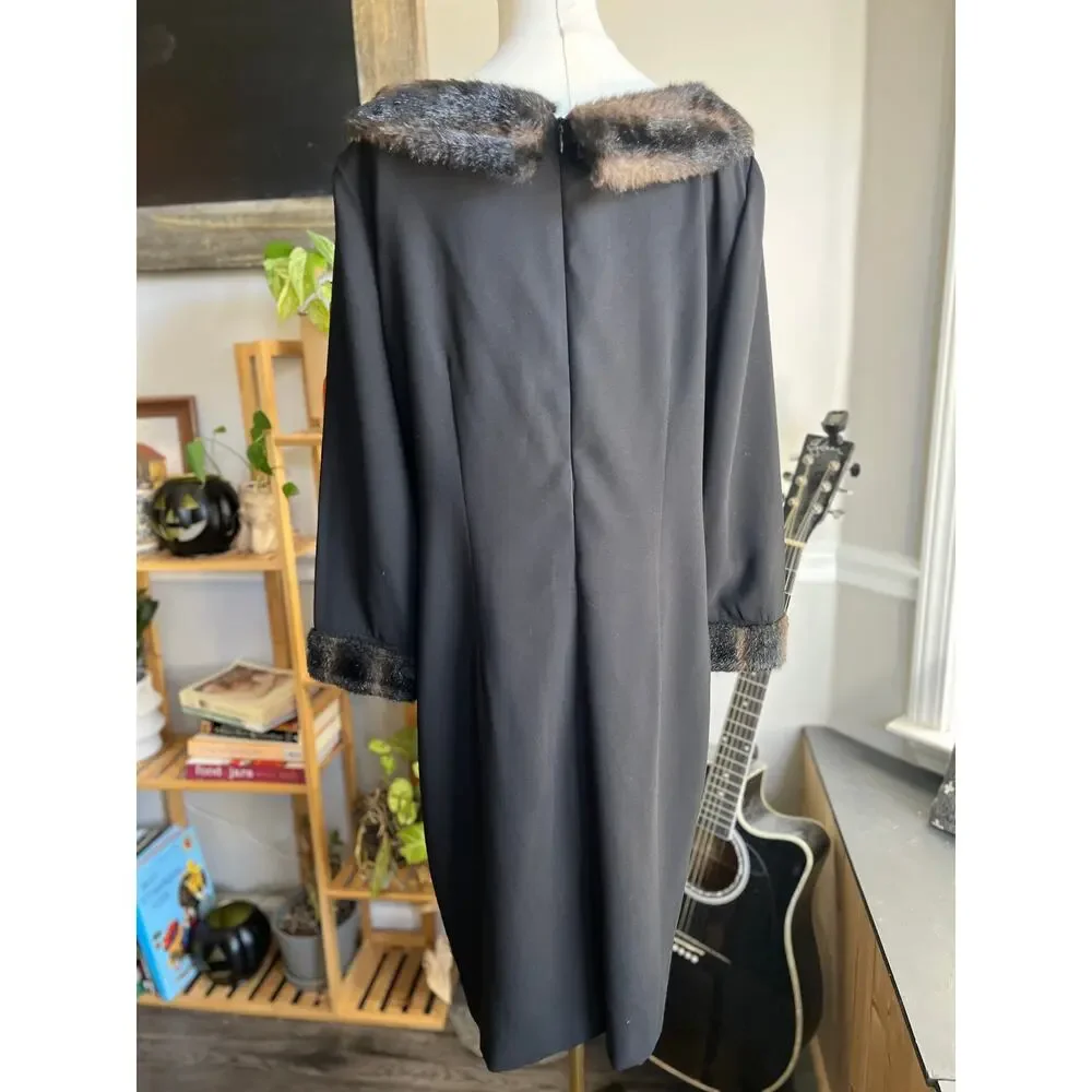 Vintage 90s Black Faux Fur Boat Neck Evening Gown Dress Size Large - Picture 4 of 5